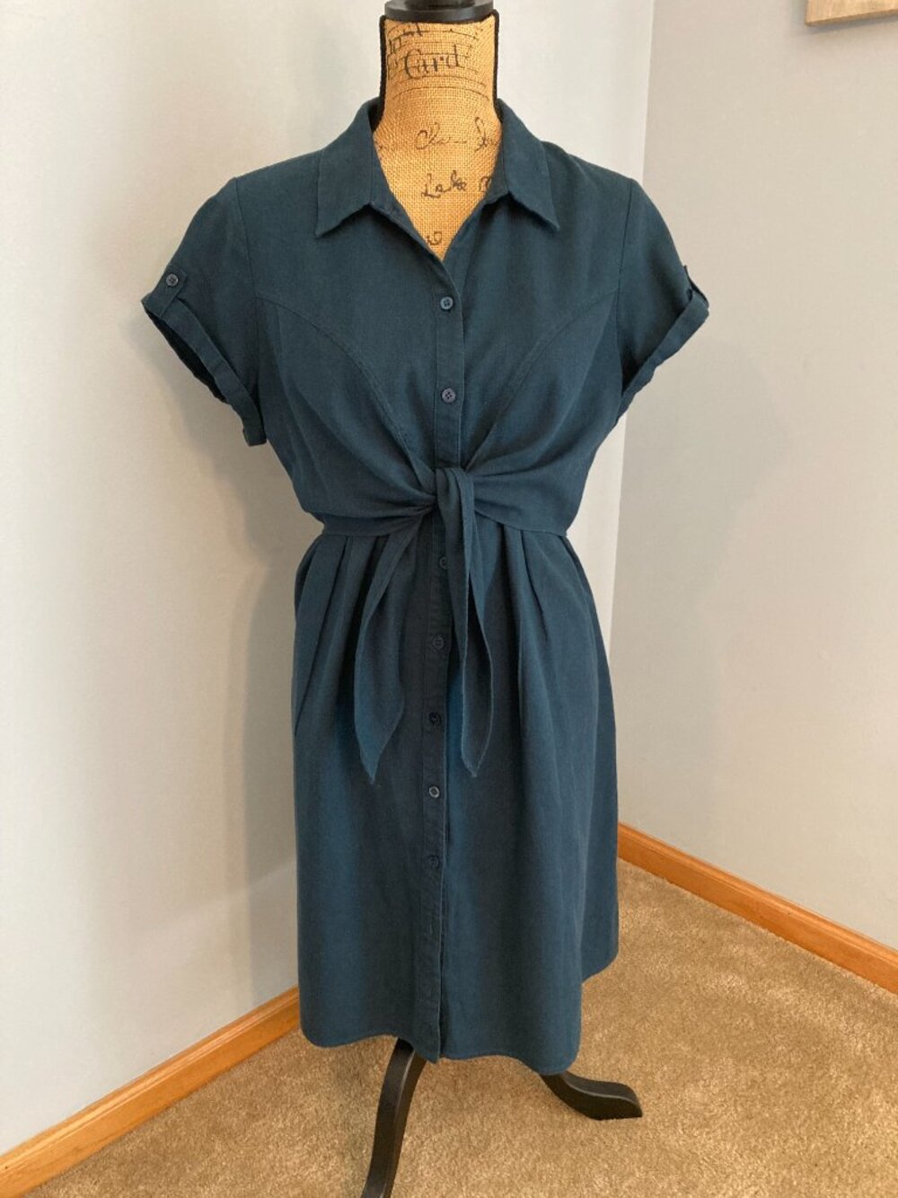 Button-Front Midi Shirt Dress Women Size Large Linen Blend by Ripe -- Biro Blue